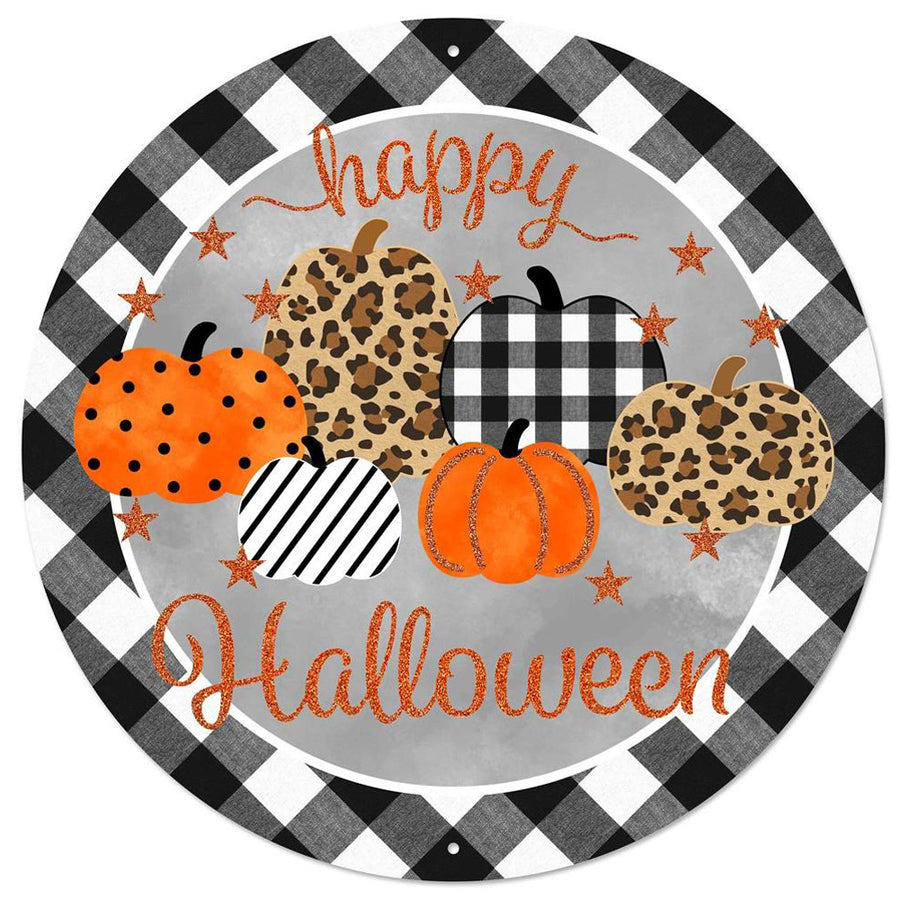 12" Metal Sign: Leopard, Dot, Check Halloween Pumpkins