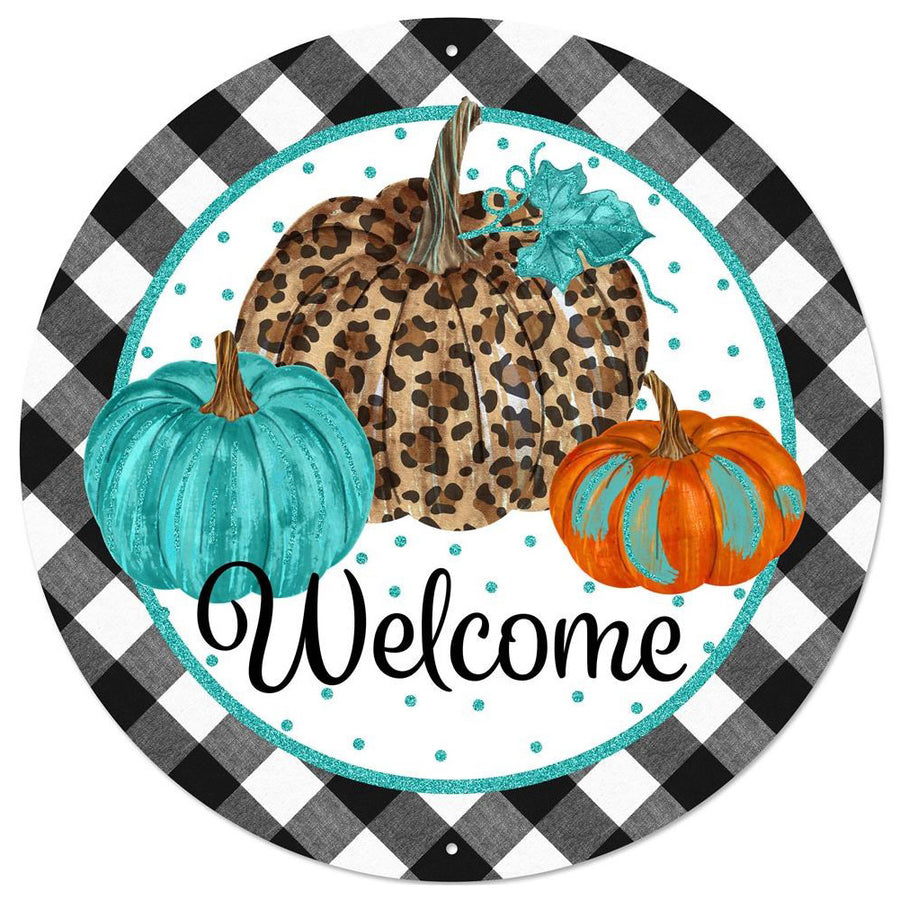 12" Metal Sign: Glitter Teal & Leopard Pumpkins