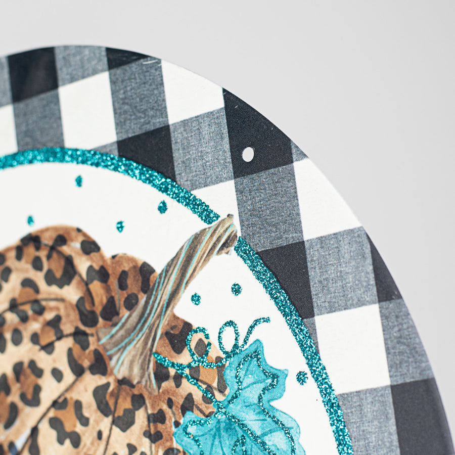 12" Metal Sign: Glitter Teal & Leopard Pumpkins