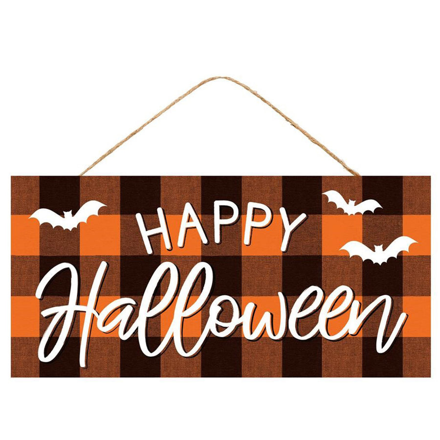 12" Wooden Sign: Happy Halloween Orange Check