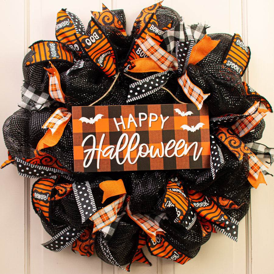 12" Wooden Sign: Happy Halloween Orange Check
