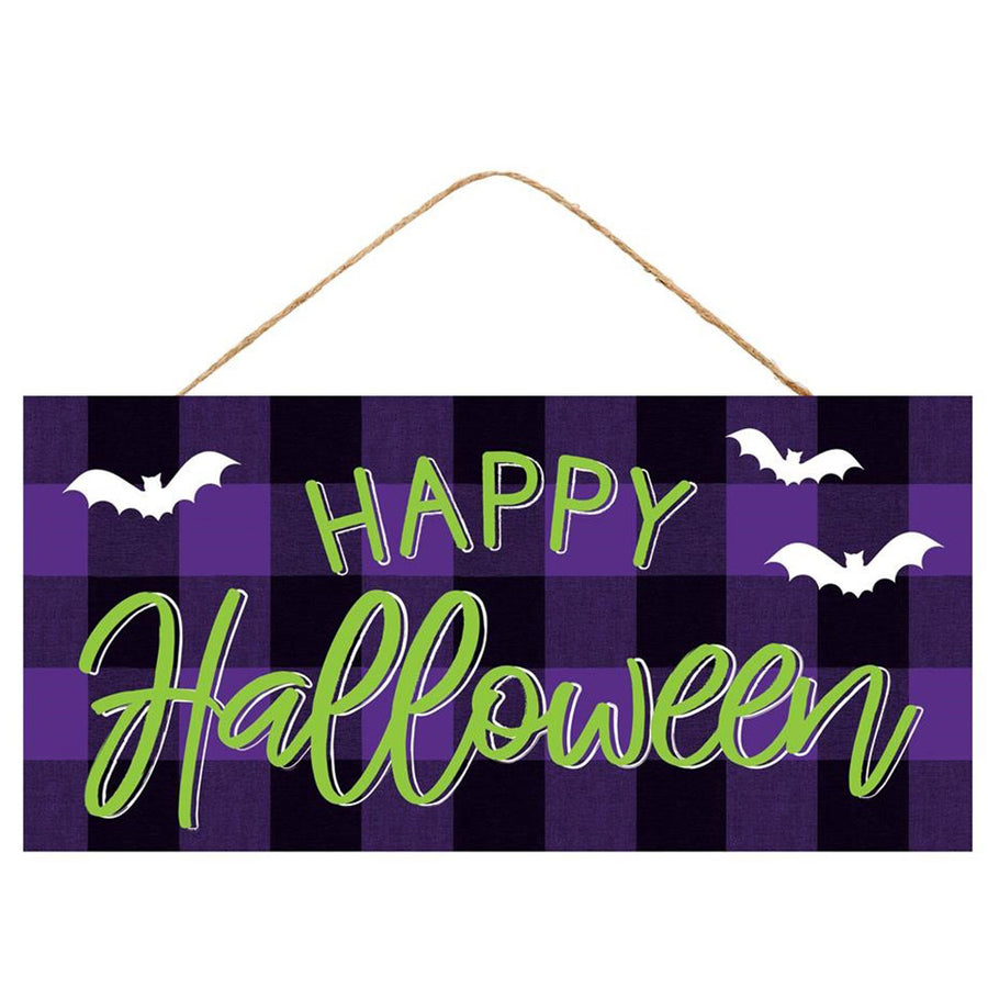 12" Wooden Sign: Happy Halloween Purple Check