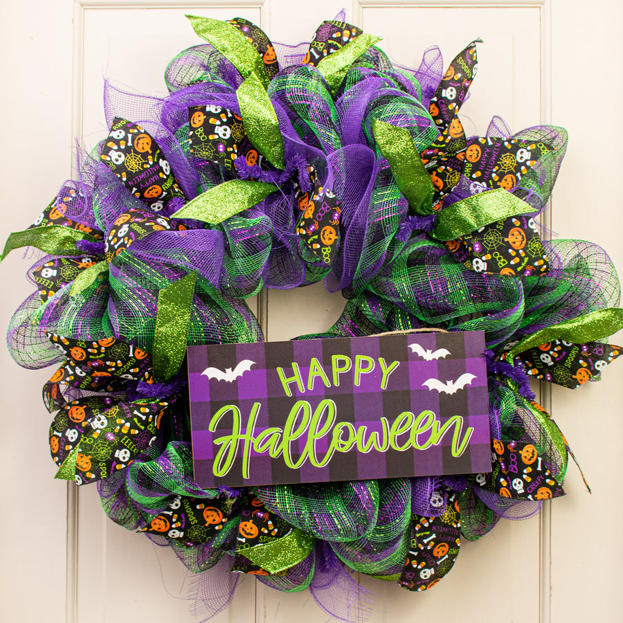 12" Wooden Sign: Happy Halloween Purple Check