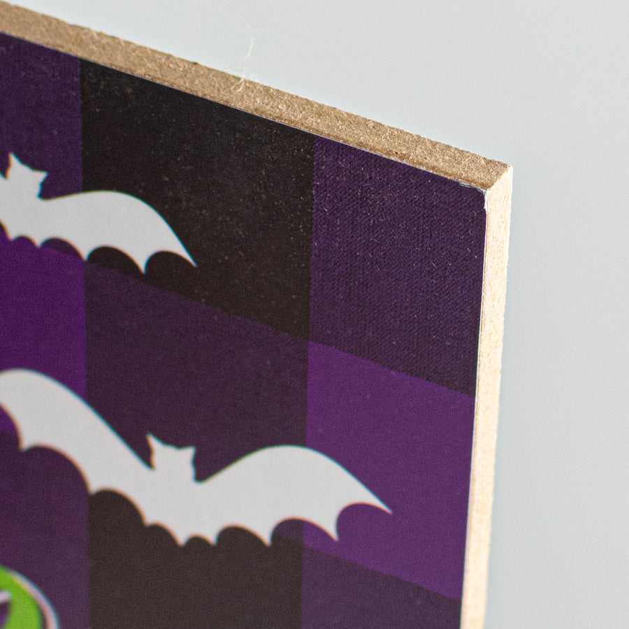 12" Wooden Sign: Happy Halloween Purple Check