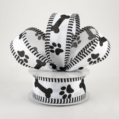 1.5" Paw Prints & Bones Thin Stripe Edge Ribbon: White & Black (10 Yards)