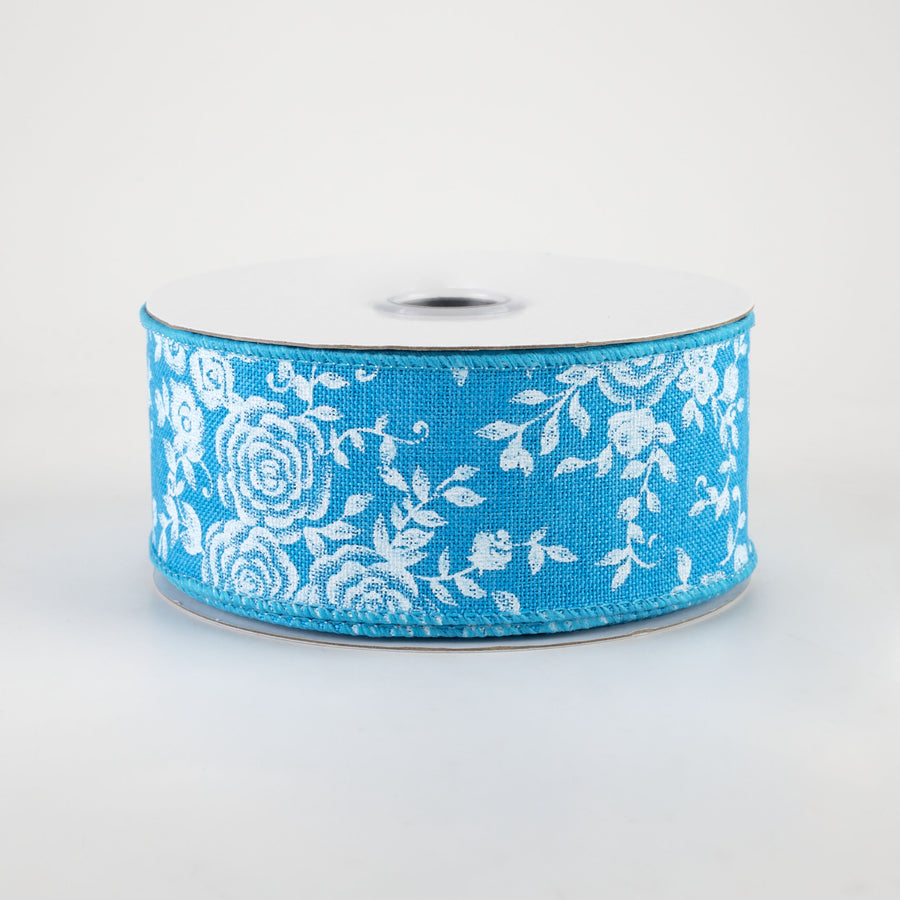 1.5" Mini Roses Ribbon: Turquoise Blue (10 Yards)