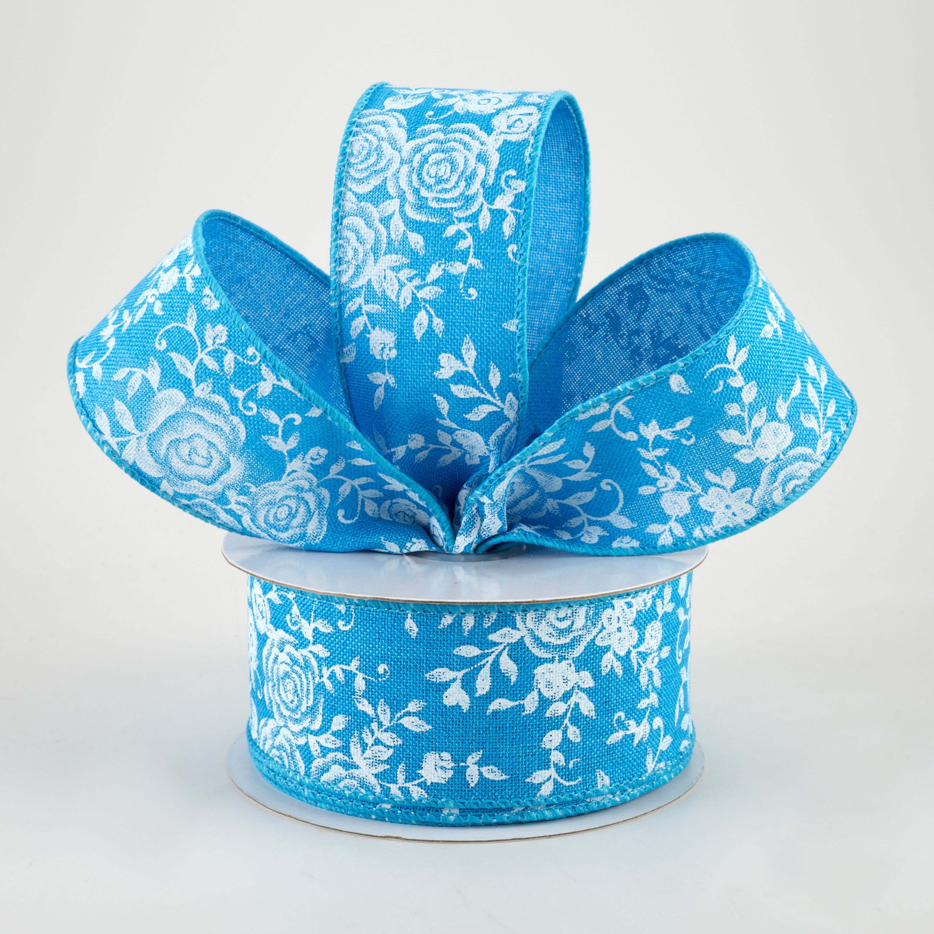 1.5" Mini Roses Ribbon: Turquoise Blue (10 Yards)