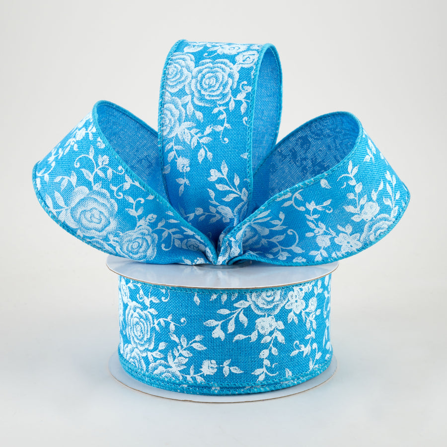 1.5" Mini Roses Ribbon: Turquoise Blue (10 Yards)