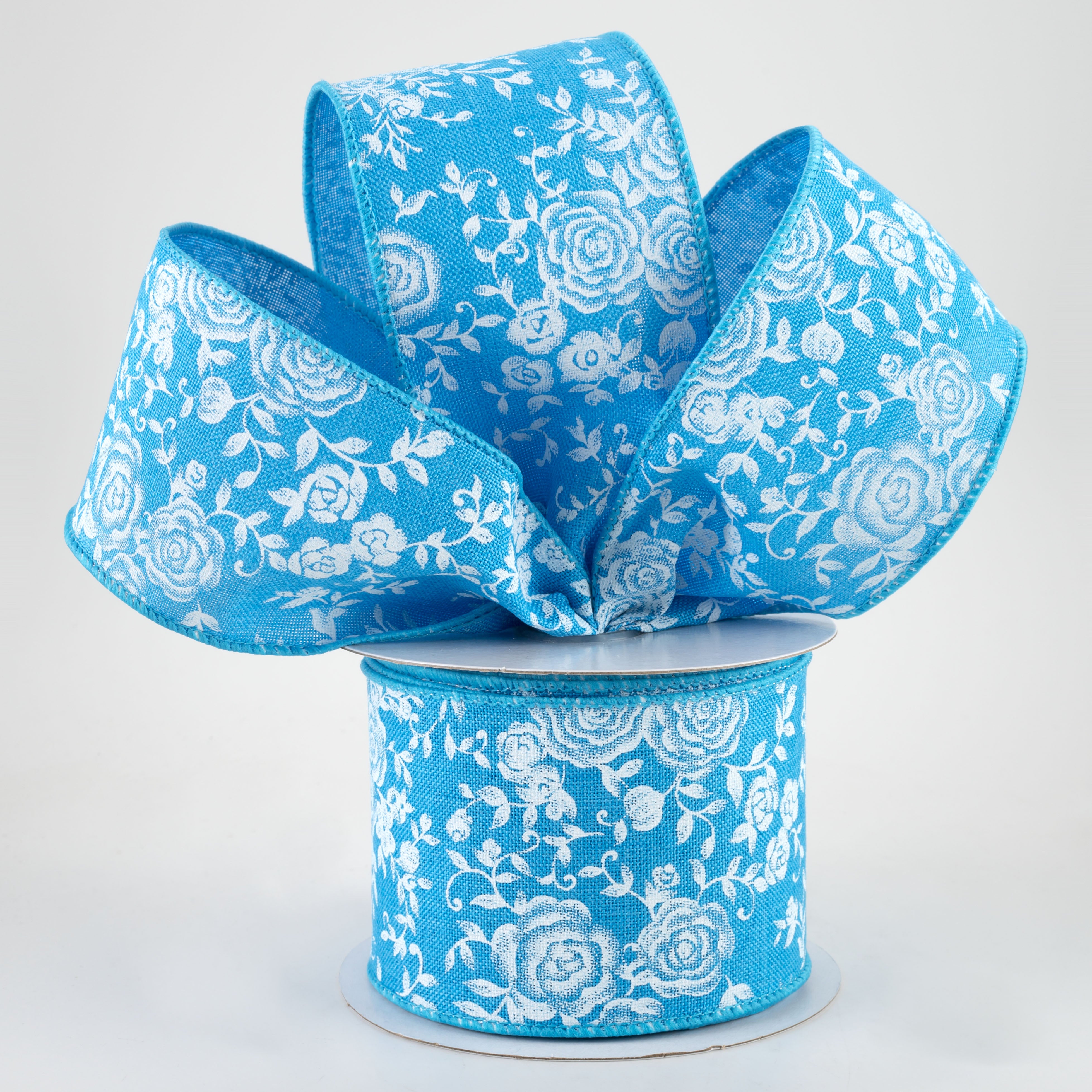 2.5" Mini Roses Ribbon: Turquoise Blue (10 Yards)