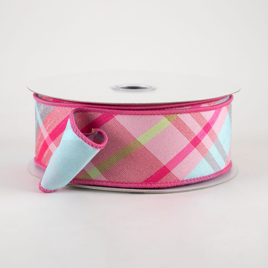 1.5" Two Sided Diagonal Plaid & Solid Ribbon: Hot Pink, Lime, Robin's Egg Blue (10 Yards)