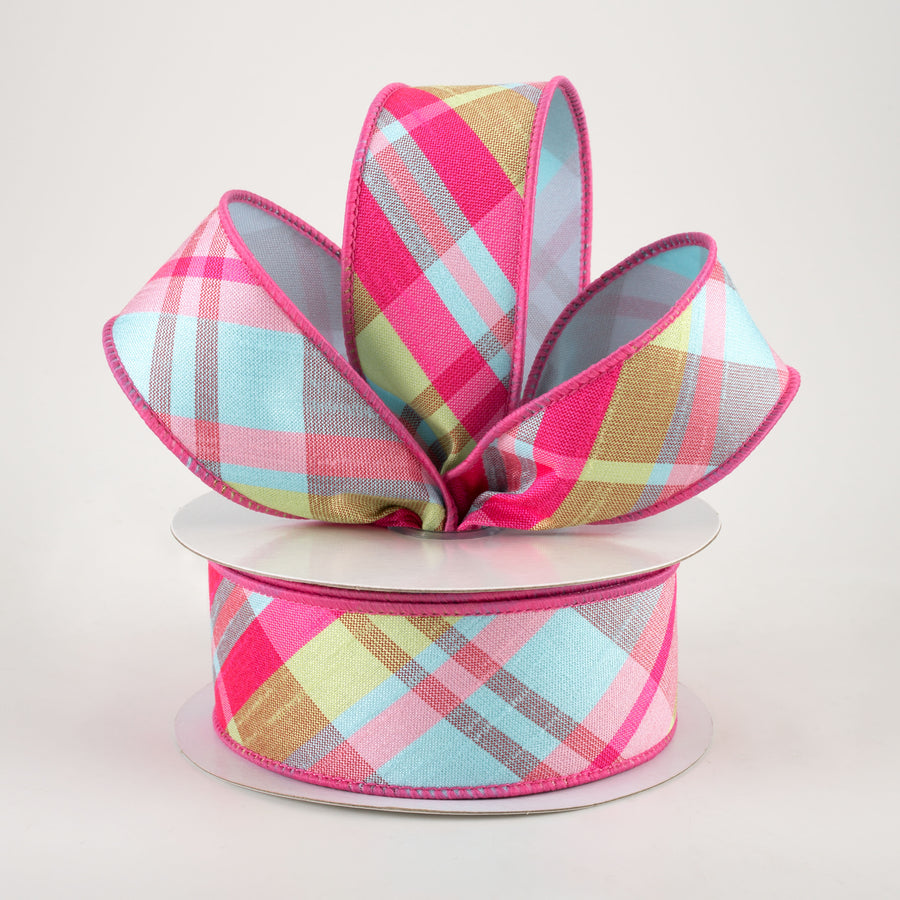 1.5" Two Sided Diagonal Plaid & Solid Ribbon: Hot Pink, Lime, Robin's Egg Blue (10 Yards)