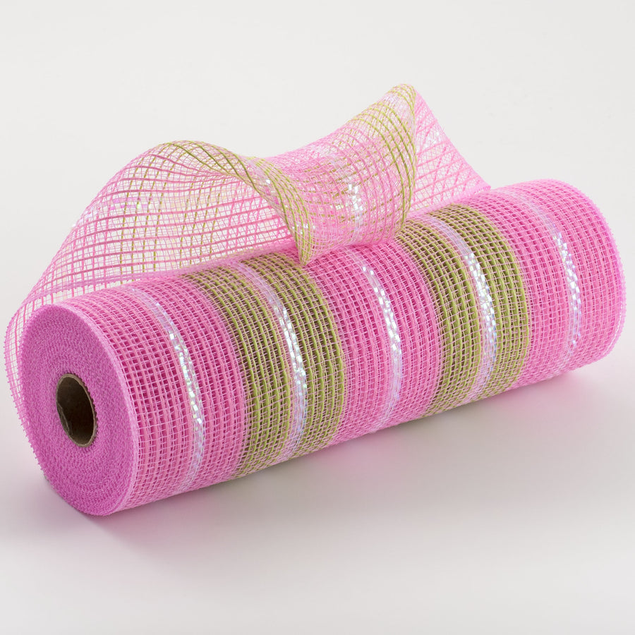 10" Jute & Iridescent Stripe Deco Mesh: Light Pink, Spring Green, White