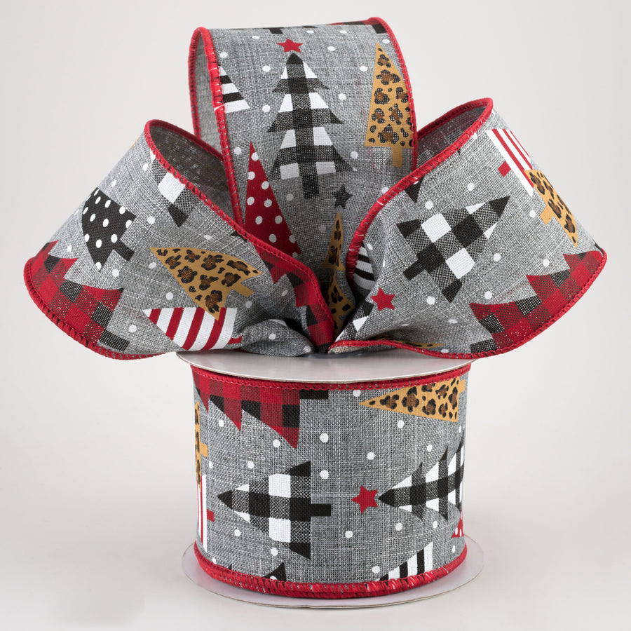 2.5" Patterned Trees Ribbon: Grey (10 Yards)
