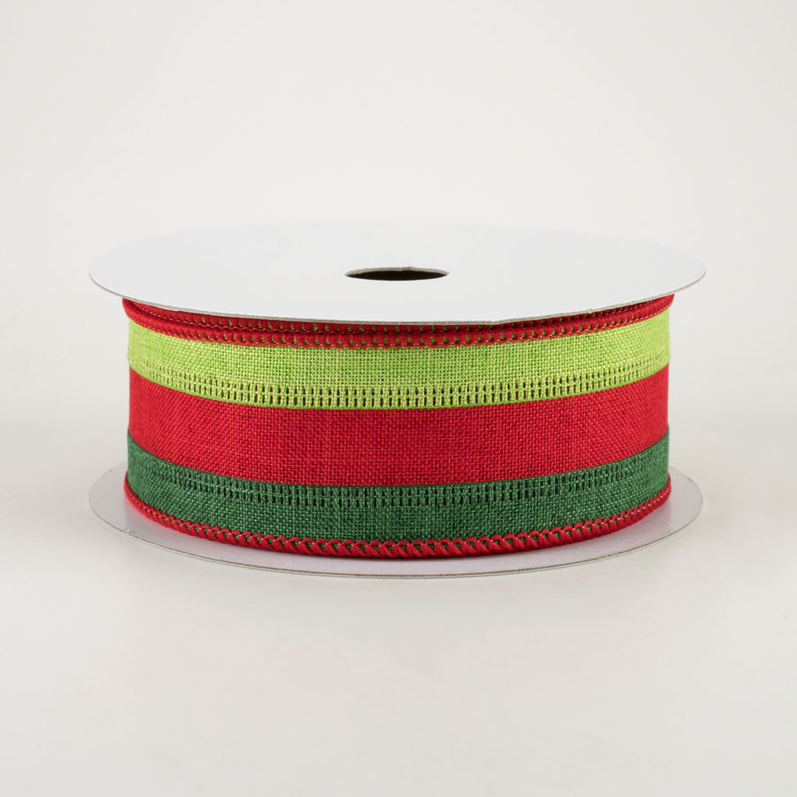 1.5" Stripe Ribbon: Lime Green, Red, Emerald Green (10 Yards)