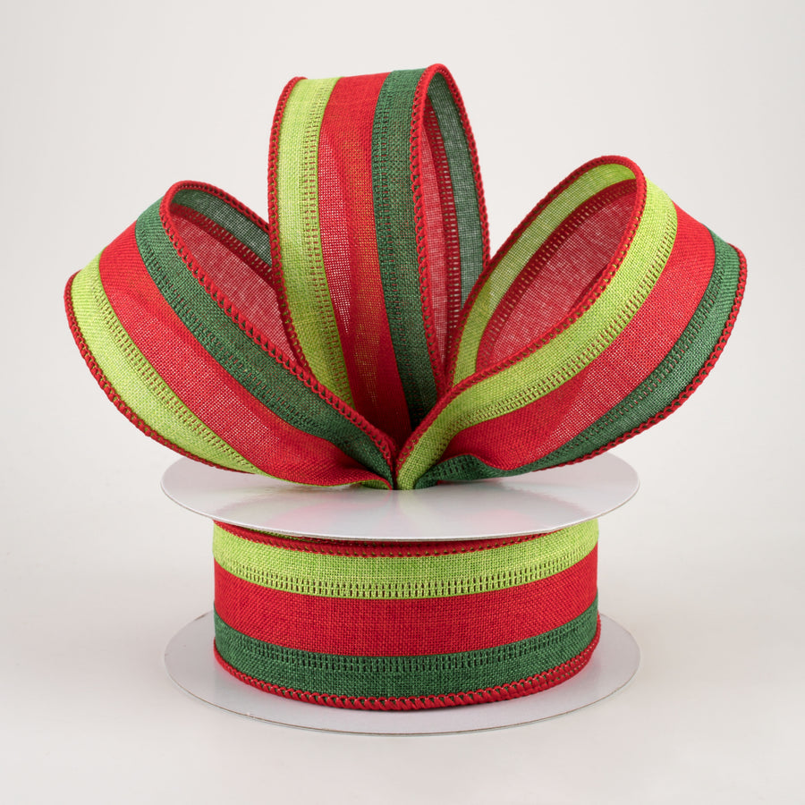 1.5" Stripe Ribbon: Lime Green, Red, Emerald Green (10 Yards)