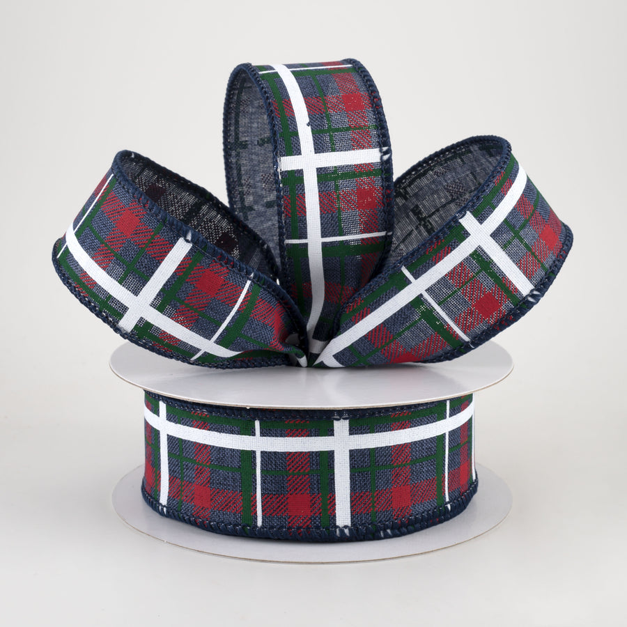 1.5" Printed Plaid Ribbon: Navy, Red, Emerald (10 Yards)