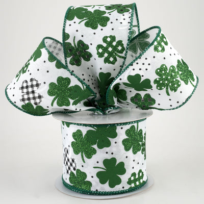 2.5" Patterned Glitter Shamrocks Ribbon: Emerald (10 Yards)