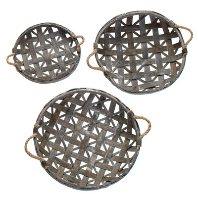 12-16" Tobacco Basket With Jute Handles: Round Grey Wash (Set of 3)