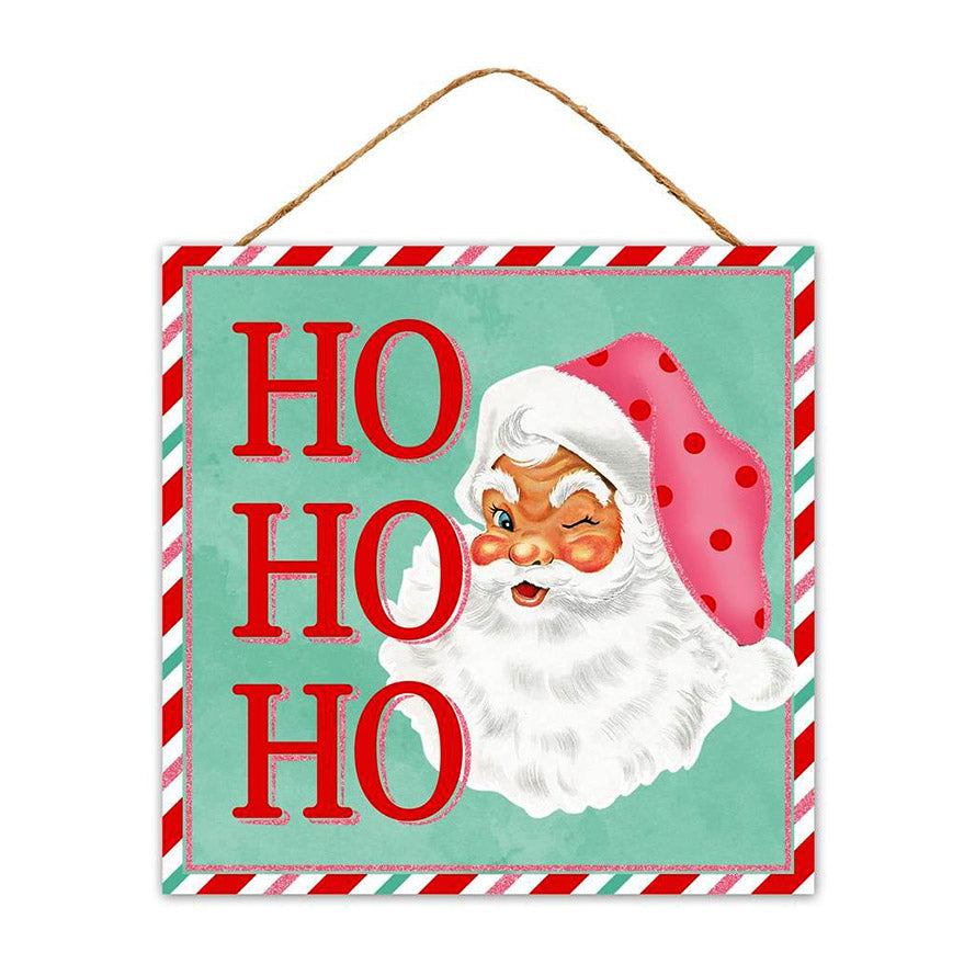 10" Square Wooden Sign: Ho Ho Ho Mint Retro Santa