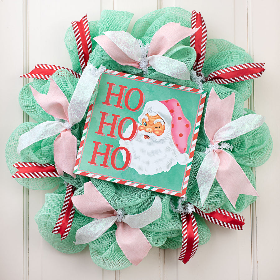 10" Square Wooden Sign: Ho Ho Ho Mint Retro Santa