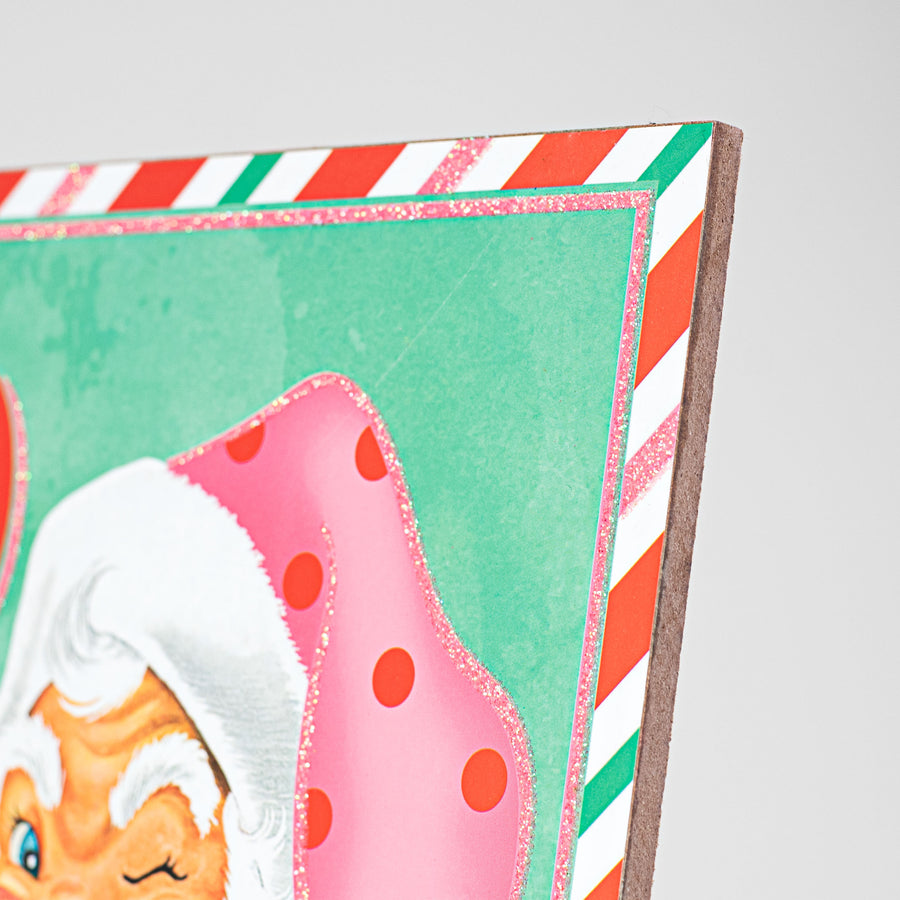 10" Square Wooden Sign: Ho Ho Ho Mint Retro Santa