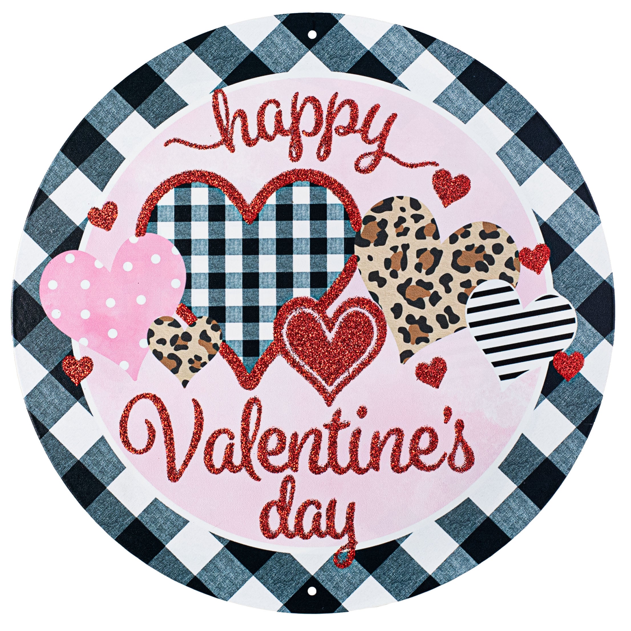 12" Metal Sign: Happy Valentine's Day Cheetah Patterned Hearts