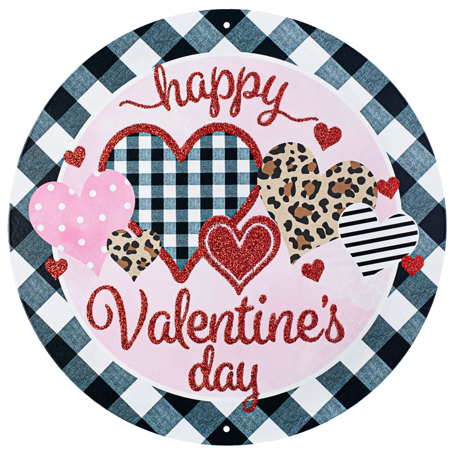 12" Metal Sign: Happy Valentine's Day Cheetah Patterned Hearts
