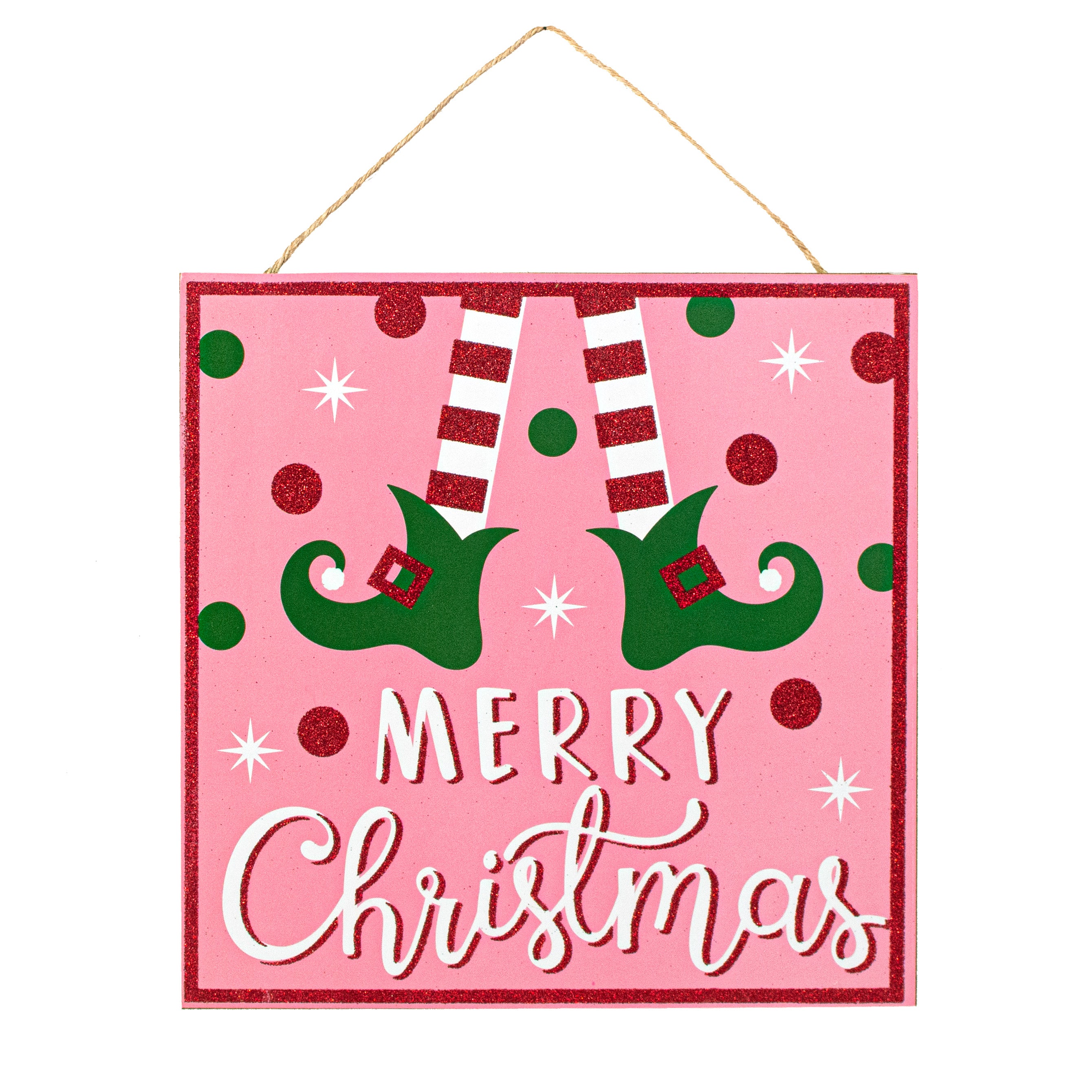 10" Square Wooden Sign: Light Pink Glitter Christmas Elf