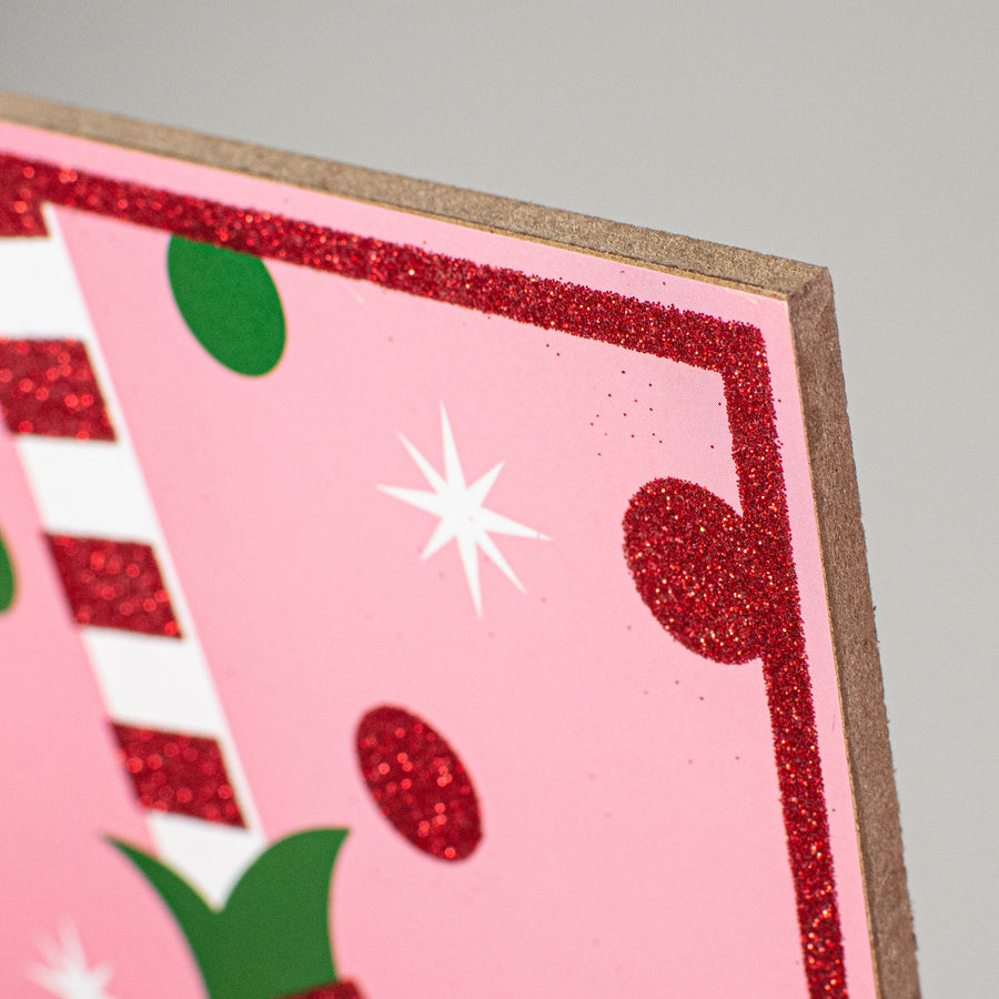 10" Square Wooden Sign: Light Pink Glitter Christmas Elf