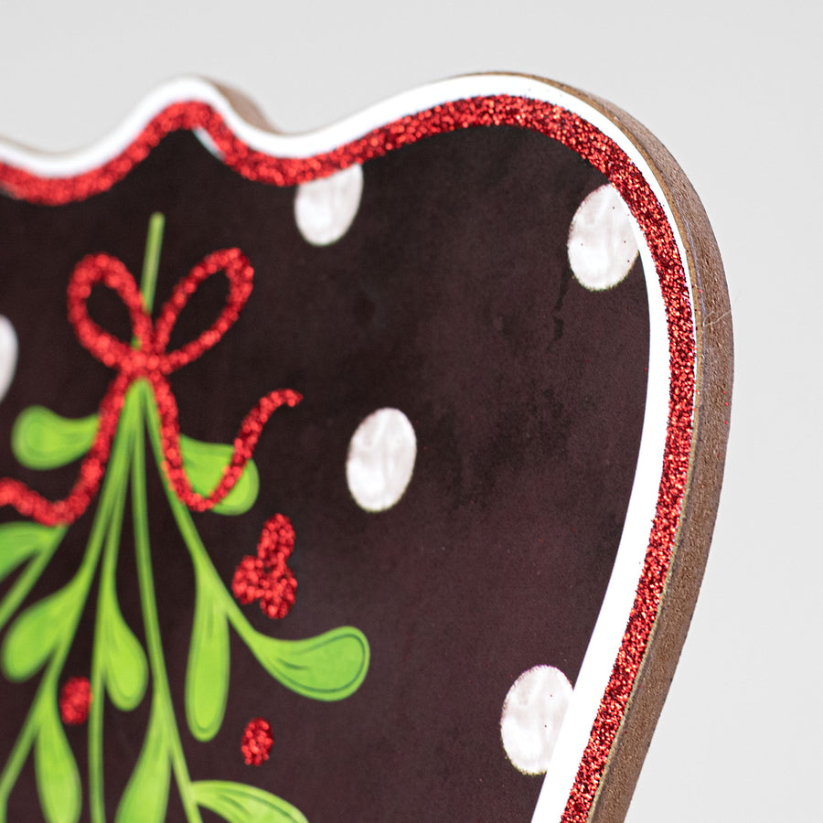 10" Scalloped Wooden Sign: Glittered Pucker Up Mistletoe