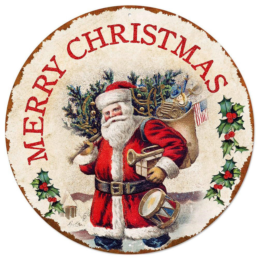 12" Metal Sign: Antique Santa With Gifts