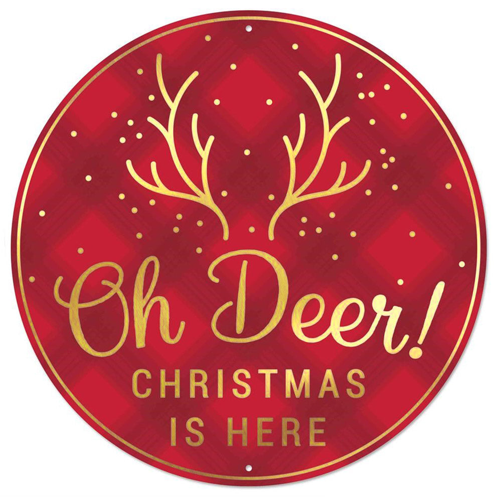 12" Metal Sign: Red & Gold Oh Deer Christmas