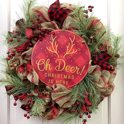 12" Metal Sign: Red & Gold Oh Deer Christmas
