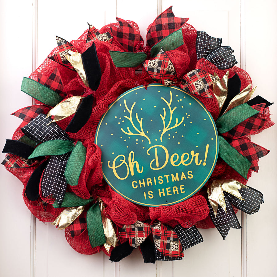 12" Metal Sign: Emerald & Gold Oh Deer Christmas