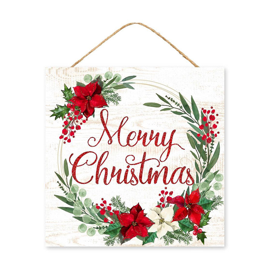 10" Square Wooden Sign: Merry Christmas Poinsettias