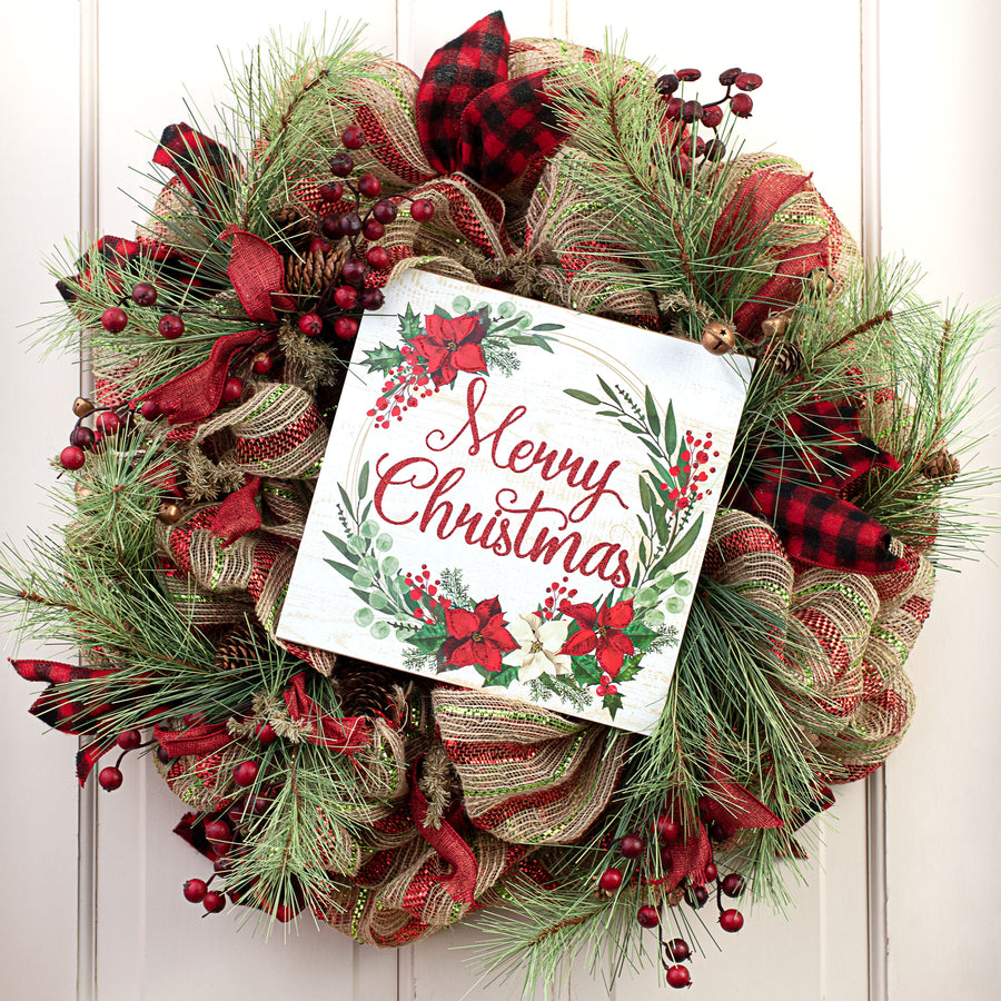 10" Square Wooden Sign: Merry Christmas Poinsettias