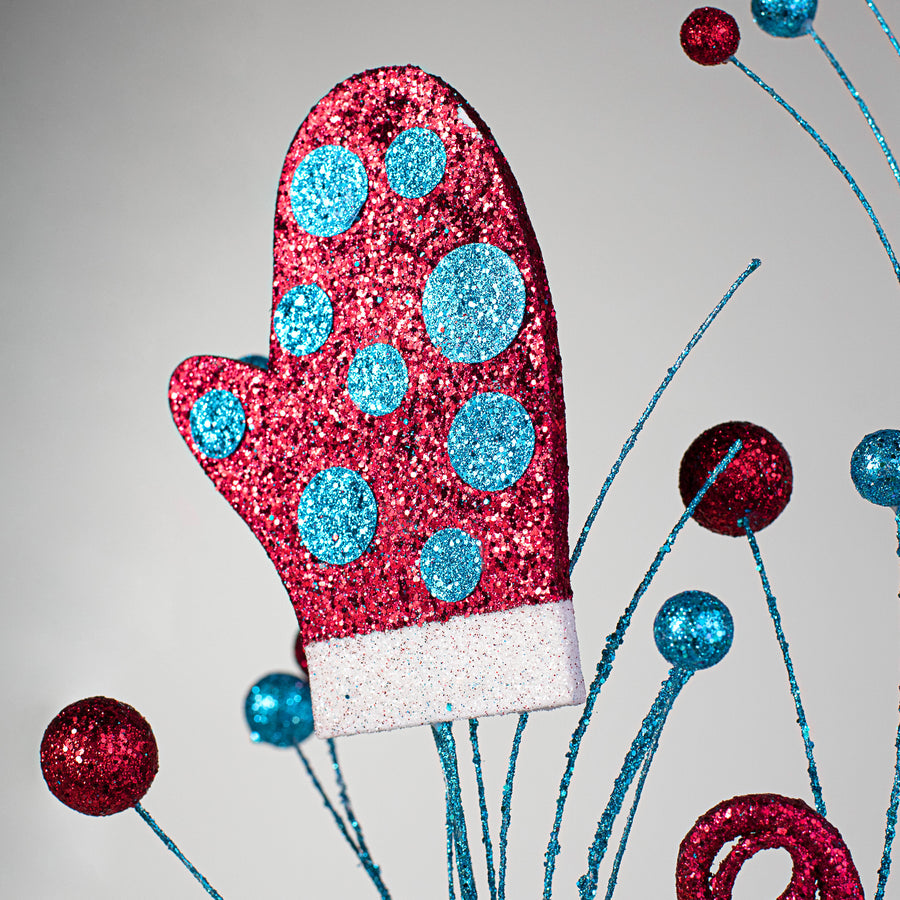 29" Glitter Mittens Pine Spray: Red & Turquoise