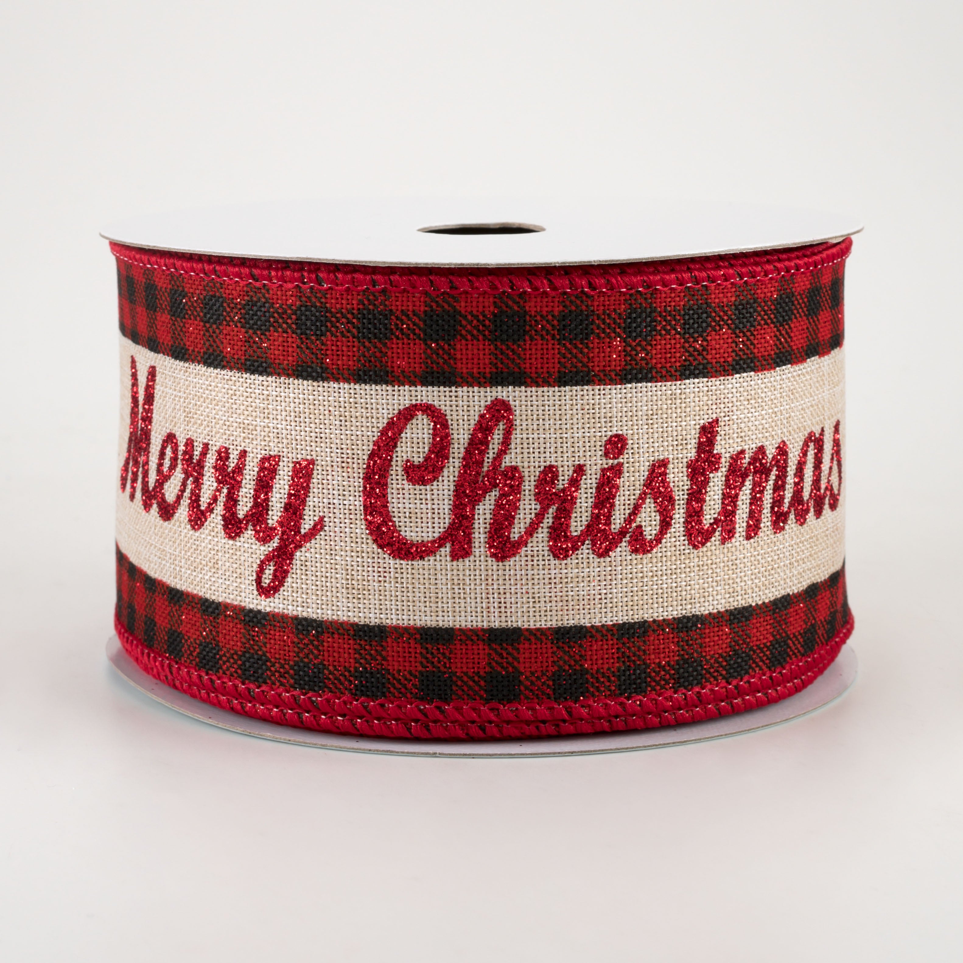 2.5" Glitter Merry Christmas Check Ribbon: Natural, Black, Red (10 Yards)