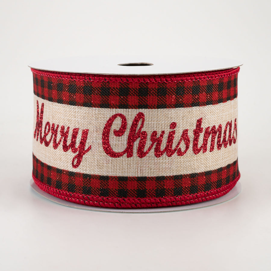 2.5" Glitter Merry Christmas Check Ribbon: Natural, Black, Red (10 Yards)
