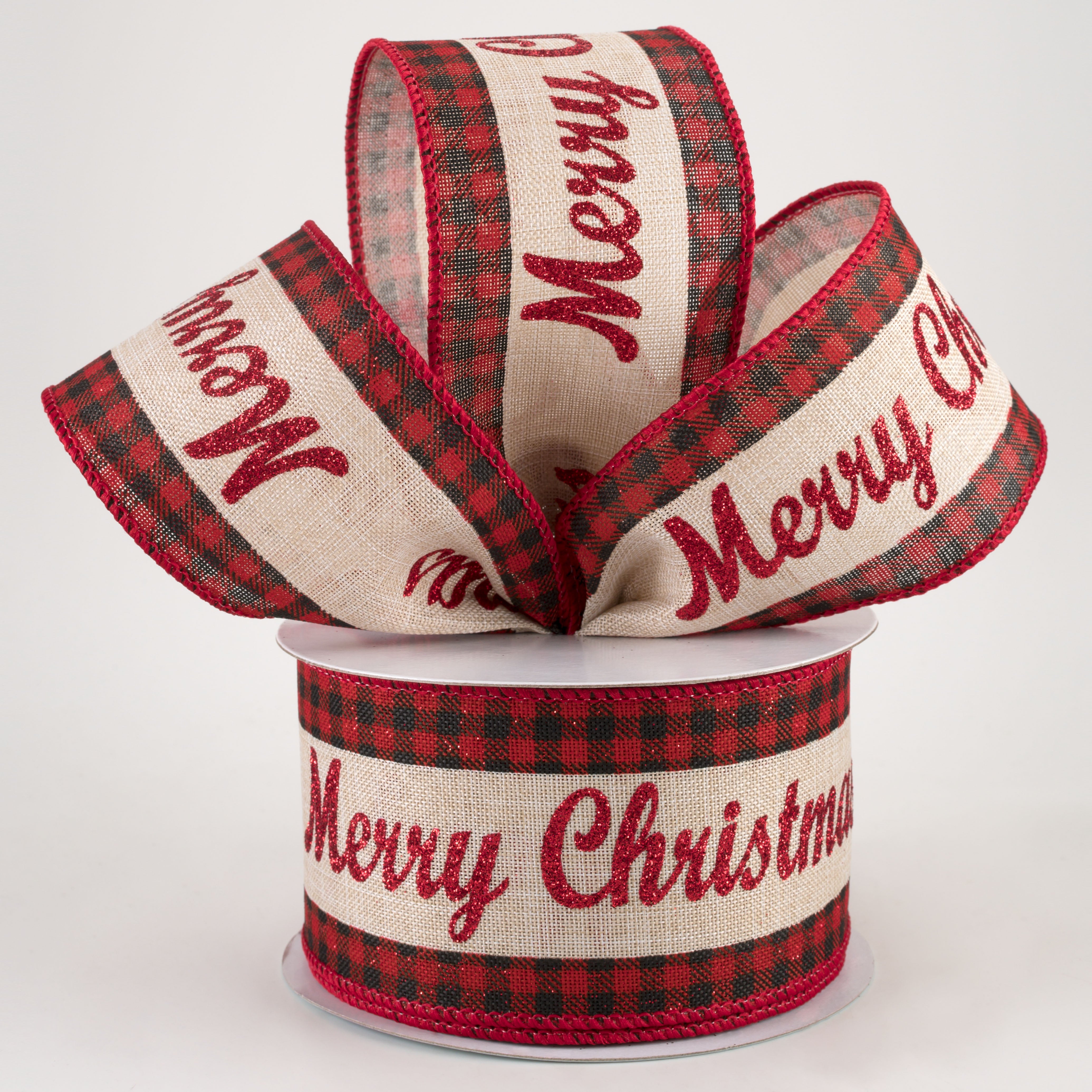 2.5" Glitter Merry Christmas Check Ribbon: Natural, Black, Red (10 Yards)