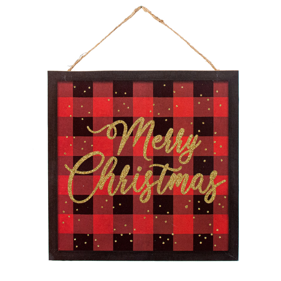 10" Square Wooden Sign: Buffalo Check Merry Christmas