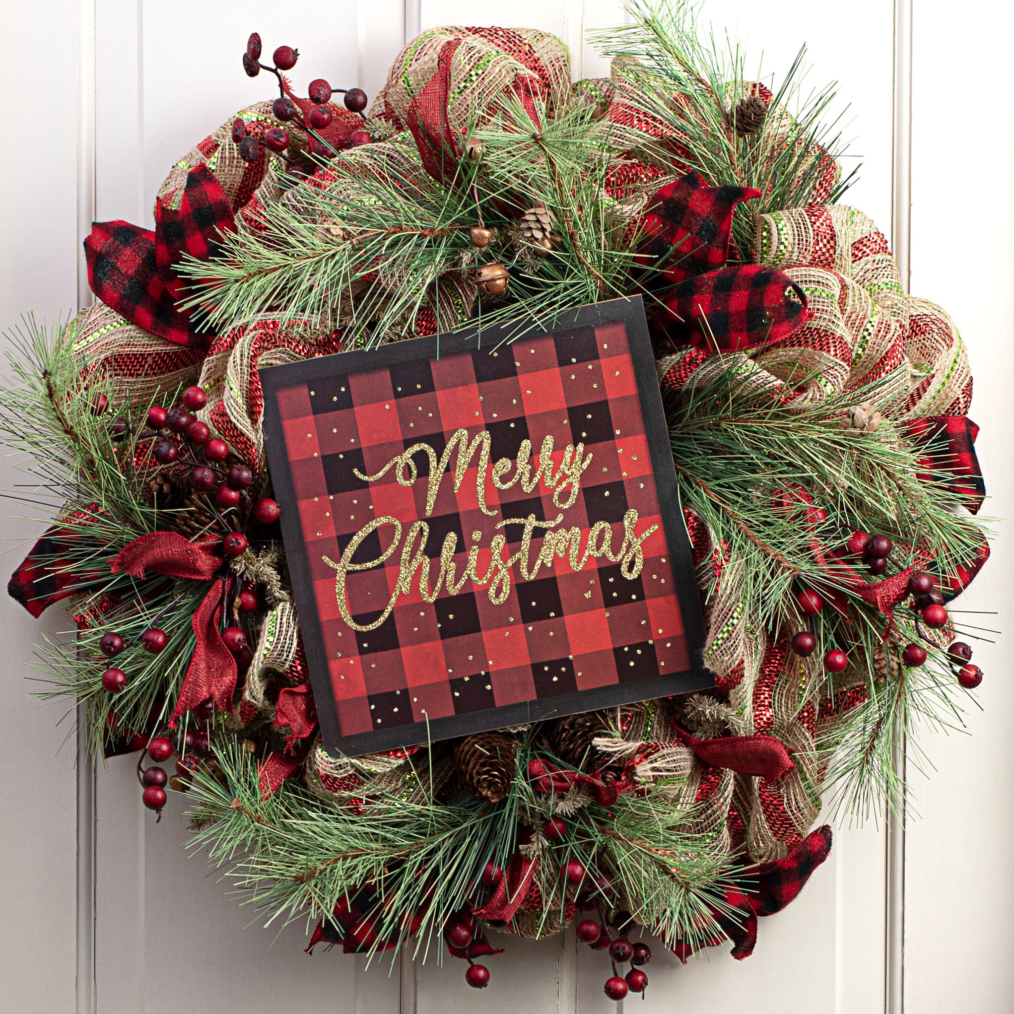 10" Square Wooden Sign: Buffalo Check Merry Christmas