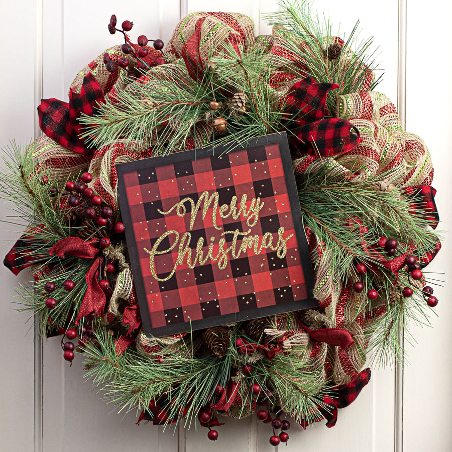 10" Square Wooden Sign: Buffalo Check Merry Christmas