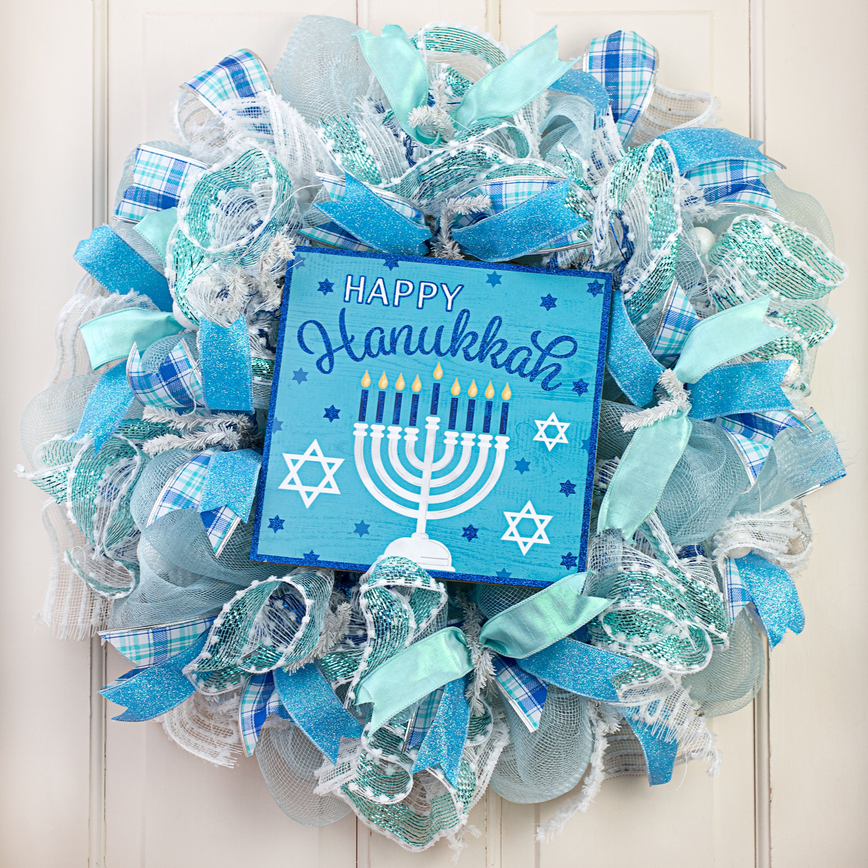 10" Square Wooden Sign: Happy Hanukkah Glitter Menorah