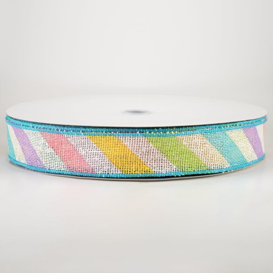 1.5" Large Multi Diagonal Stripe Ribbon: Off White & Pastels (50 Yards)