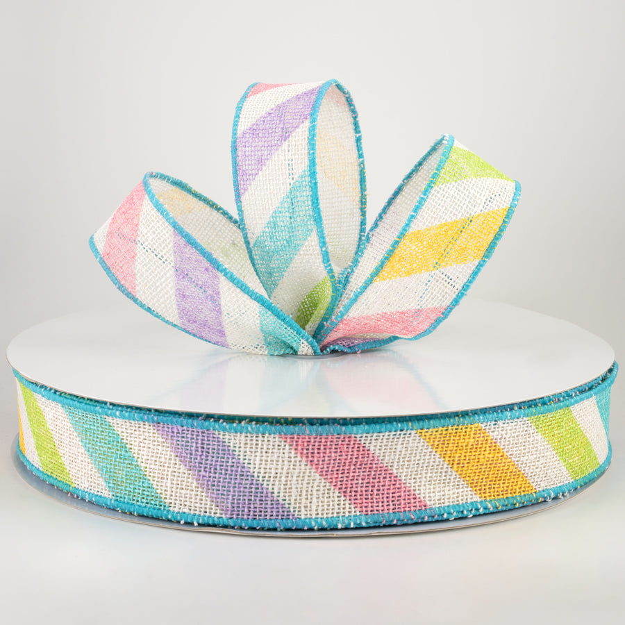 1.5" Large Multi Diagonal Stripe Ribbon: Off White & Pastels (50 Yards)