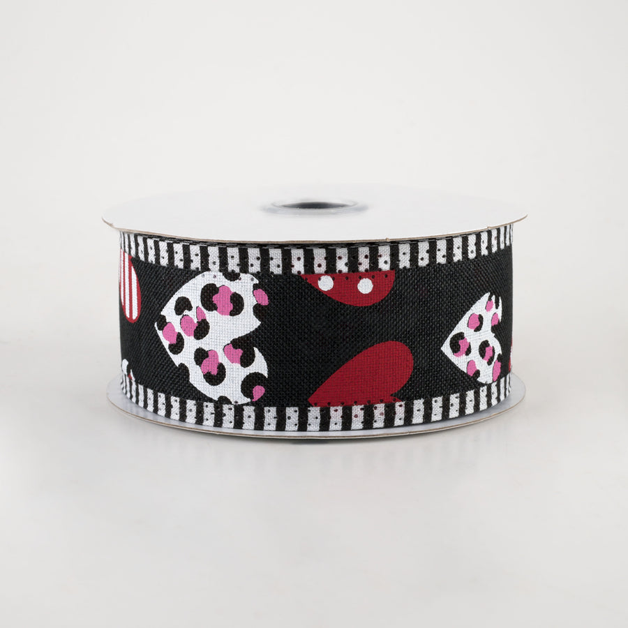 1.5" Multi Leopard Hearts Thin Stripe Edge Ribbon: Black (10 Yards)