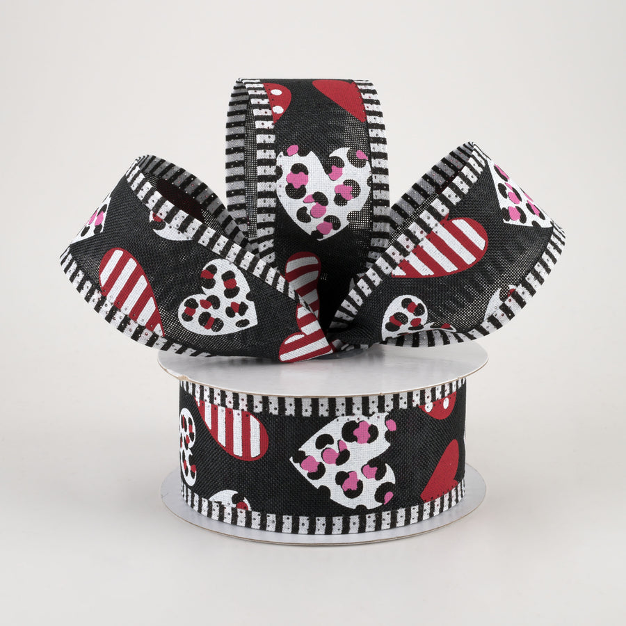 1.5" Multi Leopard Hearts Thin Stripe Edge Ribbon: Black (10 Yards)