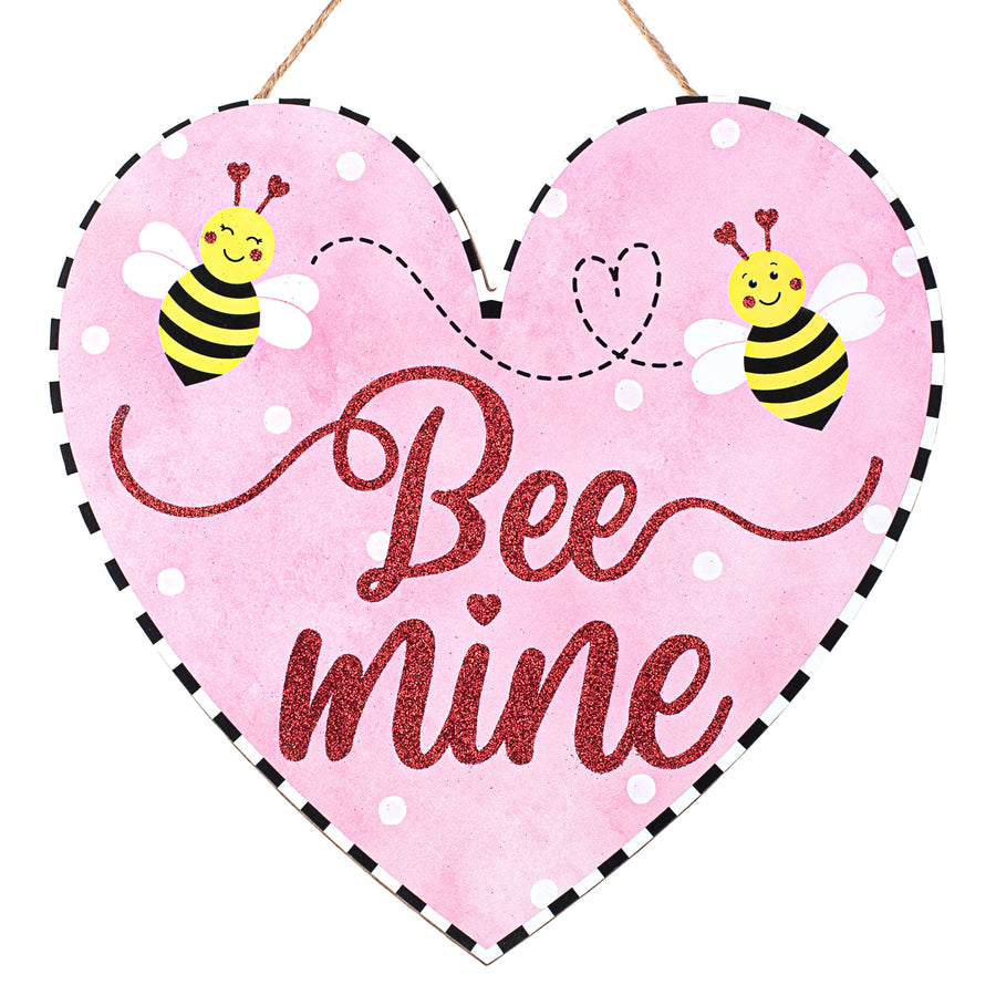12" Wooden Heart Sign: Bee Mine Glitter