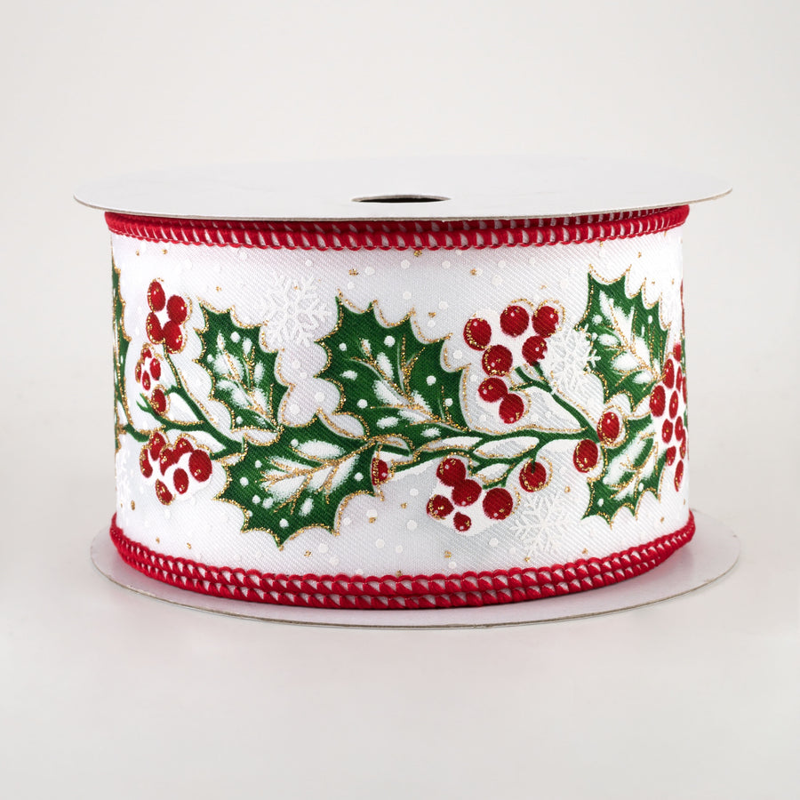 2.5" Holly Berries Snow Ribbon: White (10 Yards)